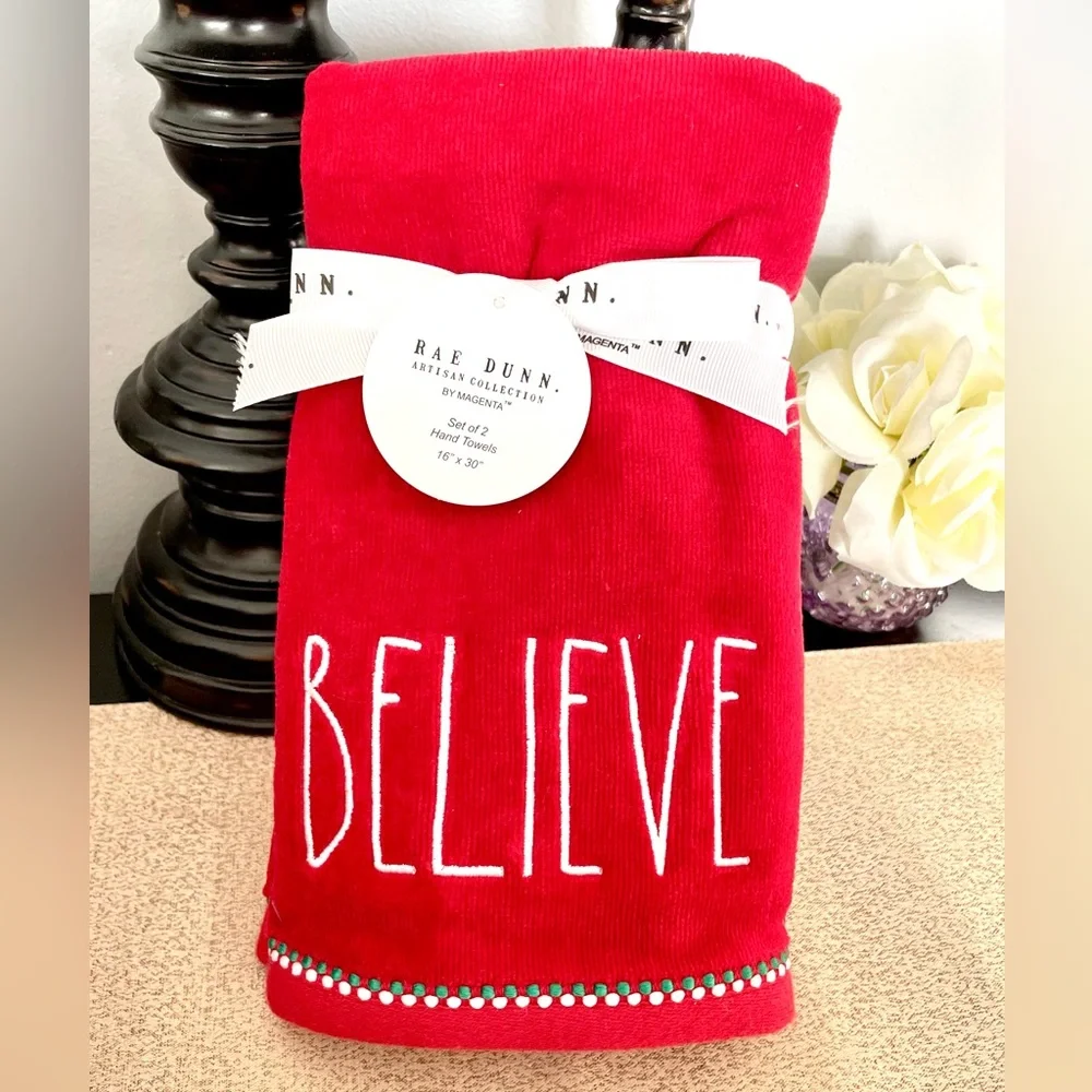 NWT Rae Dunn Set of 2 BELIEVE Hand Towels